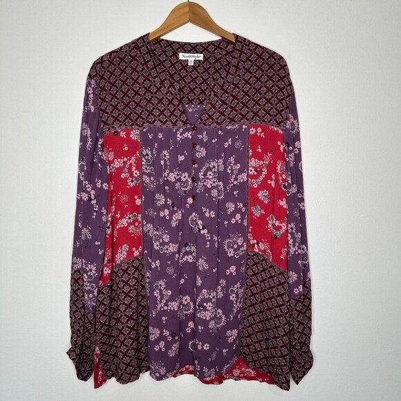 North Style Tunic Top Floral Patchwork 2X Boho Hippie Purple Red - Picture 1 of 9